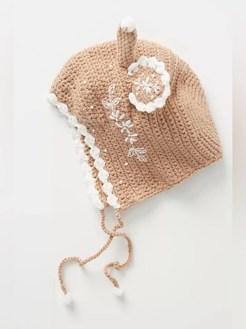Anthropologie Crocheted Earflap Hat in Tan and White Trim